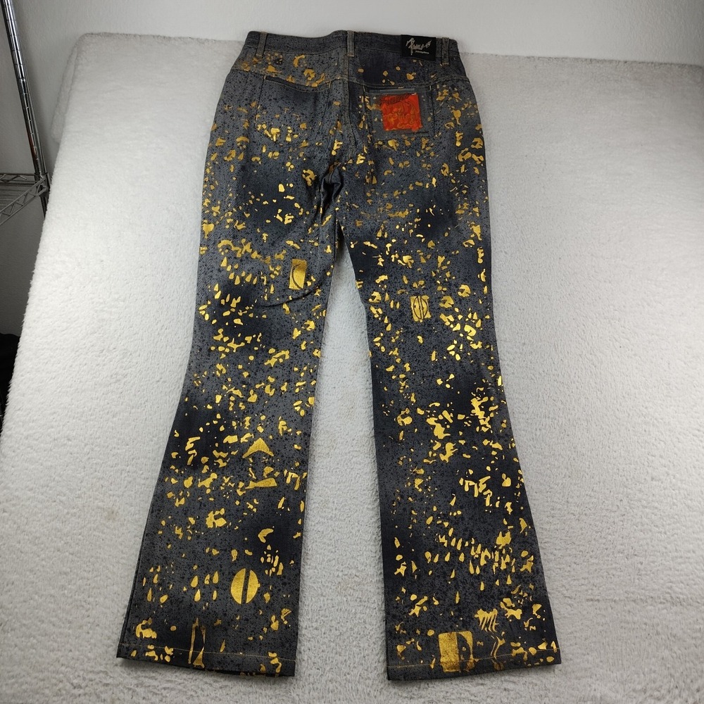 VTG Johnny Blaze Flame Flare Jeans Women's Size 13 W33 x L33 Gold Splatter Y2K - Picture 7 of 8